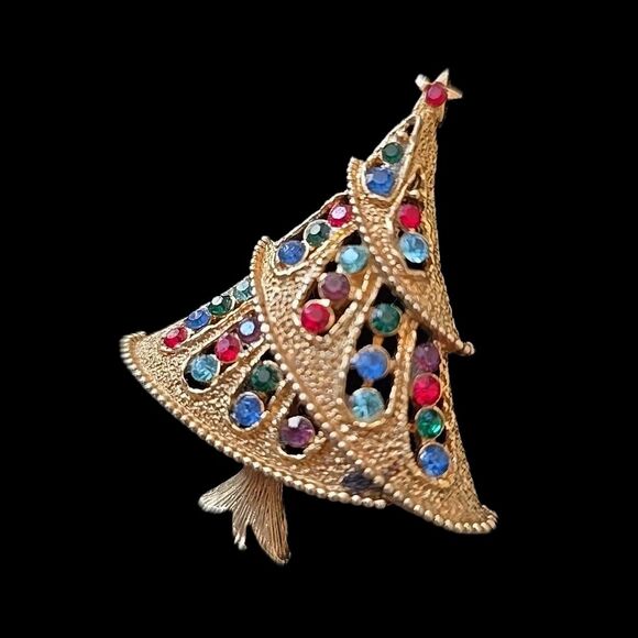 Christmas Tree Rhinestone Brooch Pin Signed Vintage Gold Tone JJ Jonette - Picture 3 of 4